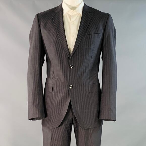 HUGO BOSS Size 42 Regular Black Charcoal Stripe Virgin Wool Silk Suit - Picture 1 of 16